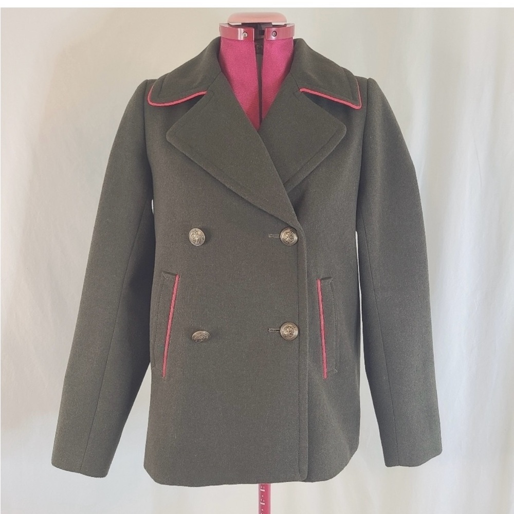 Express Olive Pea Coat with Pink Trim